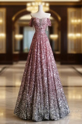 Pretty A Line Off The Shoulder Pink Sequin Long Semi Formal Prom Dresses Evening Gowns